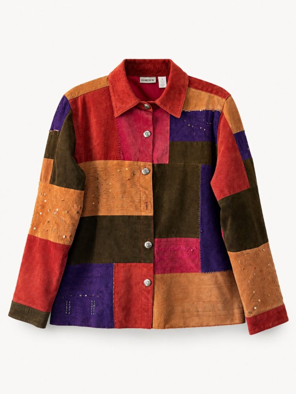 Chico’s Vintage Patchwork Suede Leather Jacket Size 3